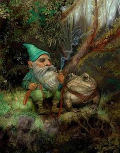 a painting of a gnome sitting next to a frog in the woods with a pipe