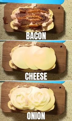 three different types of sandwiches on wooden cutting boards with bacon, cheese and onion in them