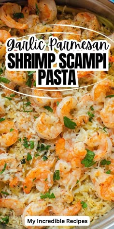 garlic parmesan shrimp scamp pasta in a skillet with text overlay