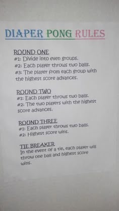 a paper sign with instructions on how to play the game in diaper pong rules