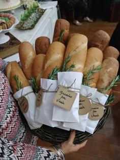 a person holding a basket full of breads and pastries with tags on them