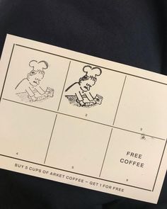 a black and white photo of a menu for coffee with cartoon characters on the side