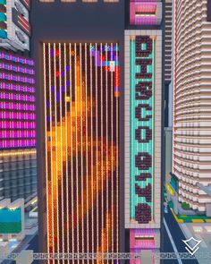 an aerial view of a city with tall buildings and neon lights in the windows,