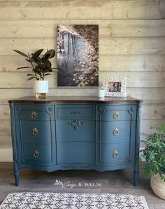 a blue dresser with two pictures on it and a potted plant next to it