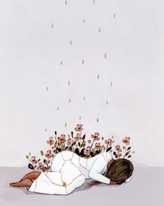 a painting of a woman laying on the ground with flowers in her lap and an umbrella flying overhead