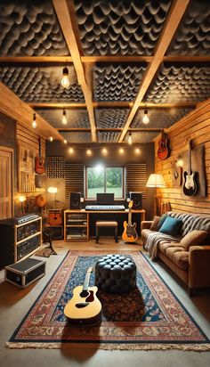 a living room filled with furniture and guitars