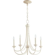 a white chandelier with five candles hanging from it