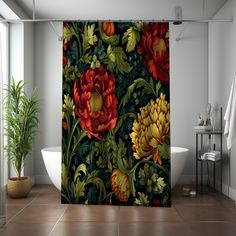 a bathroom with a large shower curtain decorated with red and yellow flowers on a black background