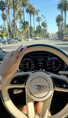 a woman driving a car with her hands on the steering wheel and palm trees in the background