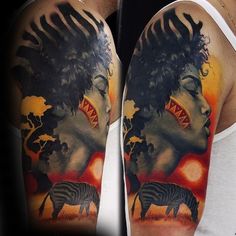 a man's arm with an image of a woman and zebras on it