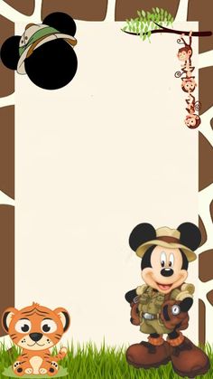 mickey mouse and his animal friend in front of a blank paper with an image of a giraffe