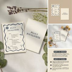 an image of wedding stationery with flowers and greenery on the bottom right side