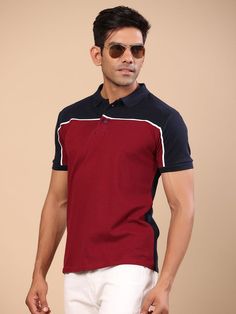 Navy Blue & Burgundy Collar T-Shirt For Men Rs 200, Classy Fits, Workwear Fashion, Free Bracelet, Casual T Shirts