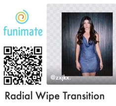 a woman in a blue dress with qr code on her face and the caption reads radial wipe transition