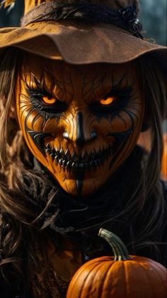 a woman in a witch costume with pumpkins on her face