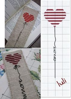 cross stitch bookmarks with hearts and the words i love you in red on them