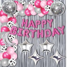 a birthday card with balloons, stars and disco balls on silver foiled background that says happy birthday