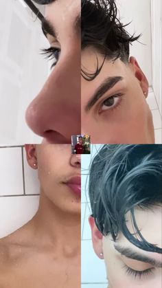 four different shots of a man with blue hair