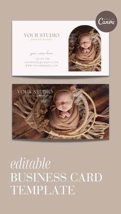 a business card with an image of a baby in a basket