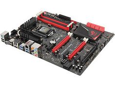 the motherboard is shown with red and black components on it, including two fanless fans