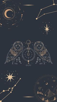 three owls sitting on top of each other in front of stars and the moon above them