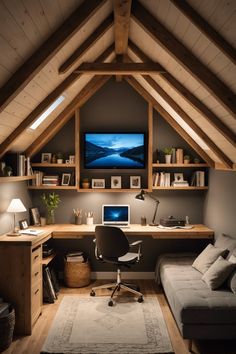 a room with a couch, desk and television in it's atticed area