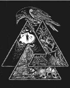 a black and white drawing of a bird on top of a triangle with skulls in it