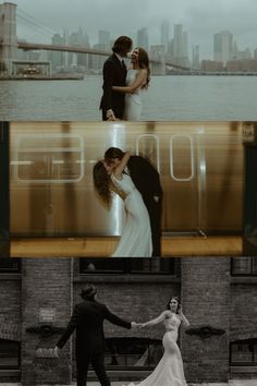 a man and woman are dancing in front of a train with the city skyline behind them