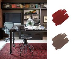 a room with a desk, chair and computer on top of the table in front of bookshelves