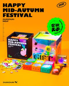 an advertisement for the happy mid - autumn festival, with colorful boxes and stickers