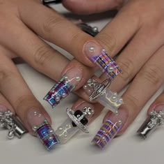 Plaid Design Nails, Viviane Westwood Nails, Vivienne Westwood Acrylic Nails, Nana Nails Inspired, Vivienne Westwood Nails, Westwood Nails, Nail Application, New Template