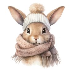 a watercolor painting of a rabbit wearing a hat and scarf with a pom - pom on it's head