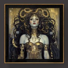 a painting of a woman with long hair and snakes on her head, wearing gold jewelry