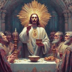 a painting of jesus holding a chalice in front of other men