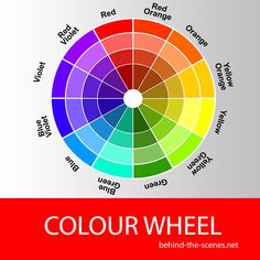 the color wheel is shown with different colors and words in each section, including red, orange