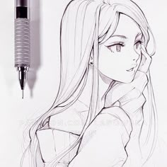 a pencil drawing of a girl with long hair next to a ballpoint pen on paper