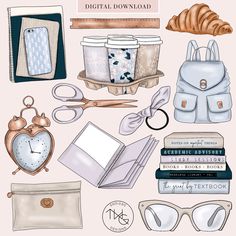 an illustration of various items that include books, glasses and other things to be read