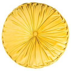 a round yellow pillow with pleated edges on a white background, viewed from above