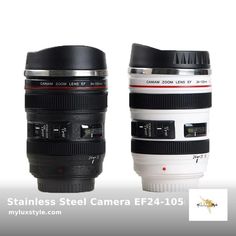 two camera lens mugs sitting next to each other on a white background with the words, stainless steel camera ef - 105