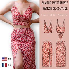 Sewing pattern, two pieces : long skirt with slit and wrap tank top pattern Two Piece Set Sewing Pattern, Two Piece Sewing Pattern, Easy Clothing Patterns, Sewing Patterns Top, Pattern Skirts, Diy Clothes Patterns, Wrap Tank Top, Sewing Top, Tank Top Pattern