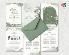 the wedding stationery is set up with an envelope, card and matching paper for each guest