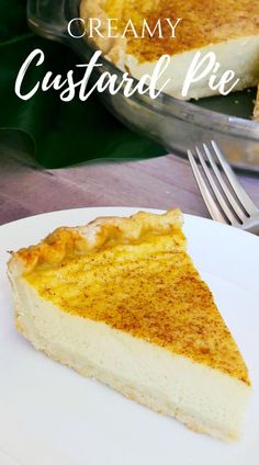 a slice of creamy custard pie on a white plate