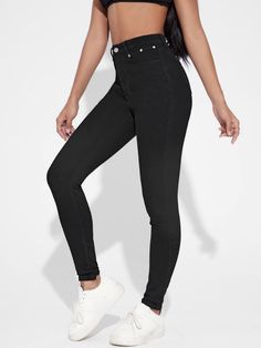 Women’s High Waisted Zip Up Black Skinny Jeans – Lady Luana Fashion & Accessories Clean Body, Edgy Look, Waist Length, Black Skinnies, Black Pattern, Pocket Detail, Step Up, Zip Ups, High Waist