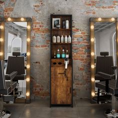 a hair salon with lights on the brick wall and mirrors in front of it that are open