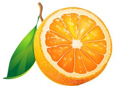 an orange cut in half with a green leaf