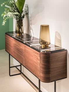 two vases with plants on top of a wooden table next to a glass shelf