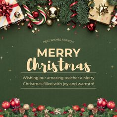 merry christmas greeting card with ornaments and presents on green background, holiday wishes for you