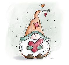 a drawing of a gnome holding a heart