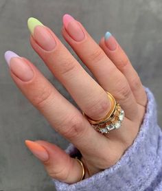 colorful french manicure almond nails Teddy Biab, Nails And Rings, Multicolored Nails, Short Coffin, Cute Gel Nails, Soft Nails, Pink Panther, French Tips, Minimalist Nails