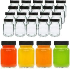 there are many jars with different colored liquids in each jar and one has a black lid